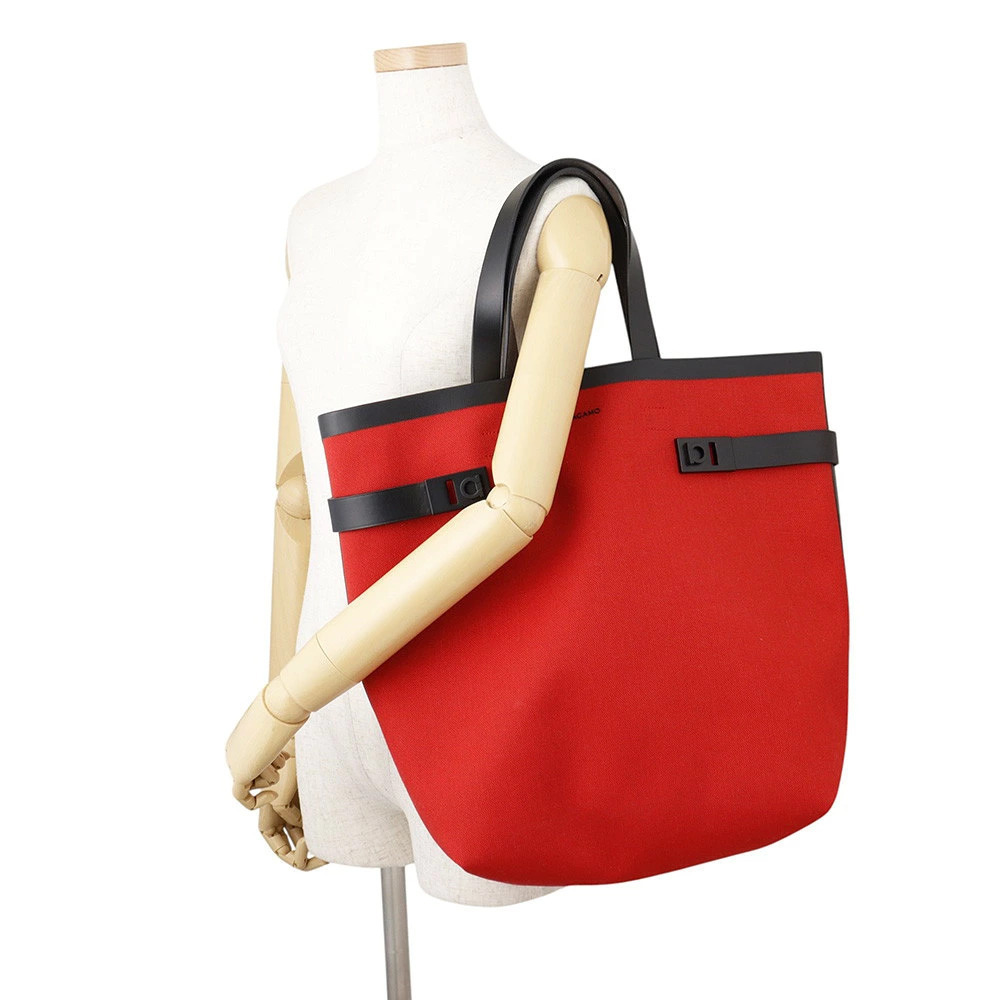 Salvatore Ferragamo Tote Bag Gancini Canvas Leather Red - Picture 4 of 13